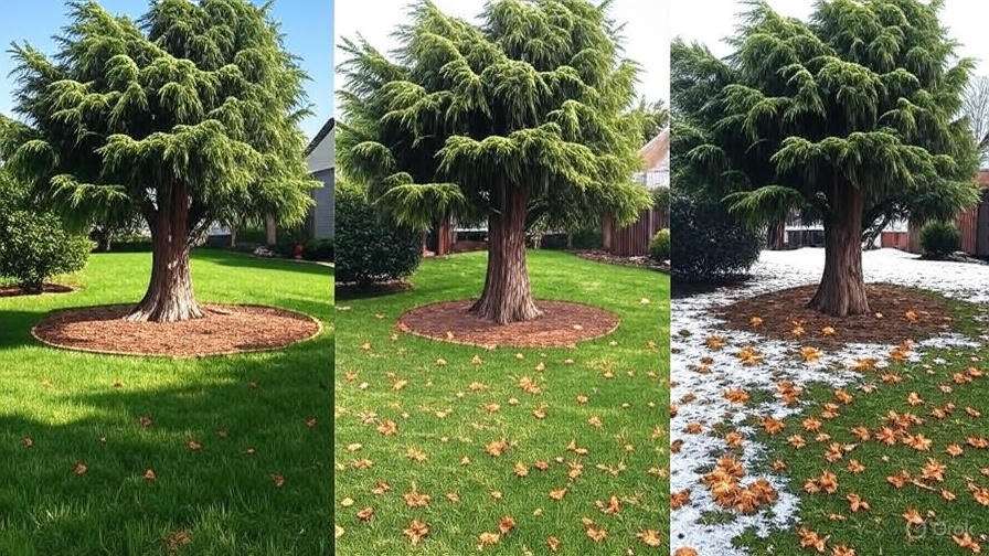 A single tree across three seasons: lush green in summer, autumn leaves scattered in fall, and snow-covered ground in winter.