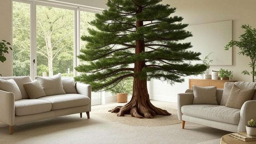 A large tree growing in a bright, minimalist living room with beige sofas and green plants. The serene setting highlights a blend of nature and indoor decor.