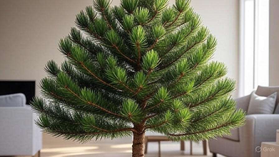 A lush green pine tree stands in a sunlit living room, surrounded by modern furniture, adding a cozy natural touch to the space.