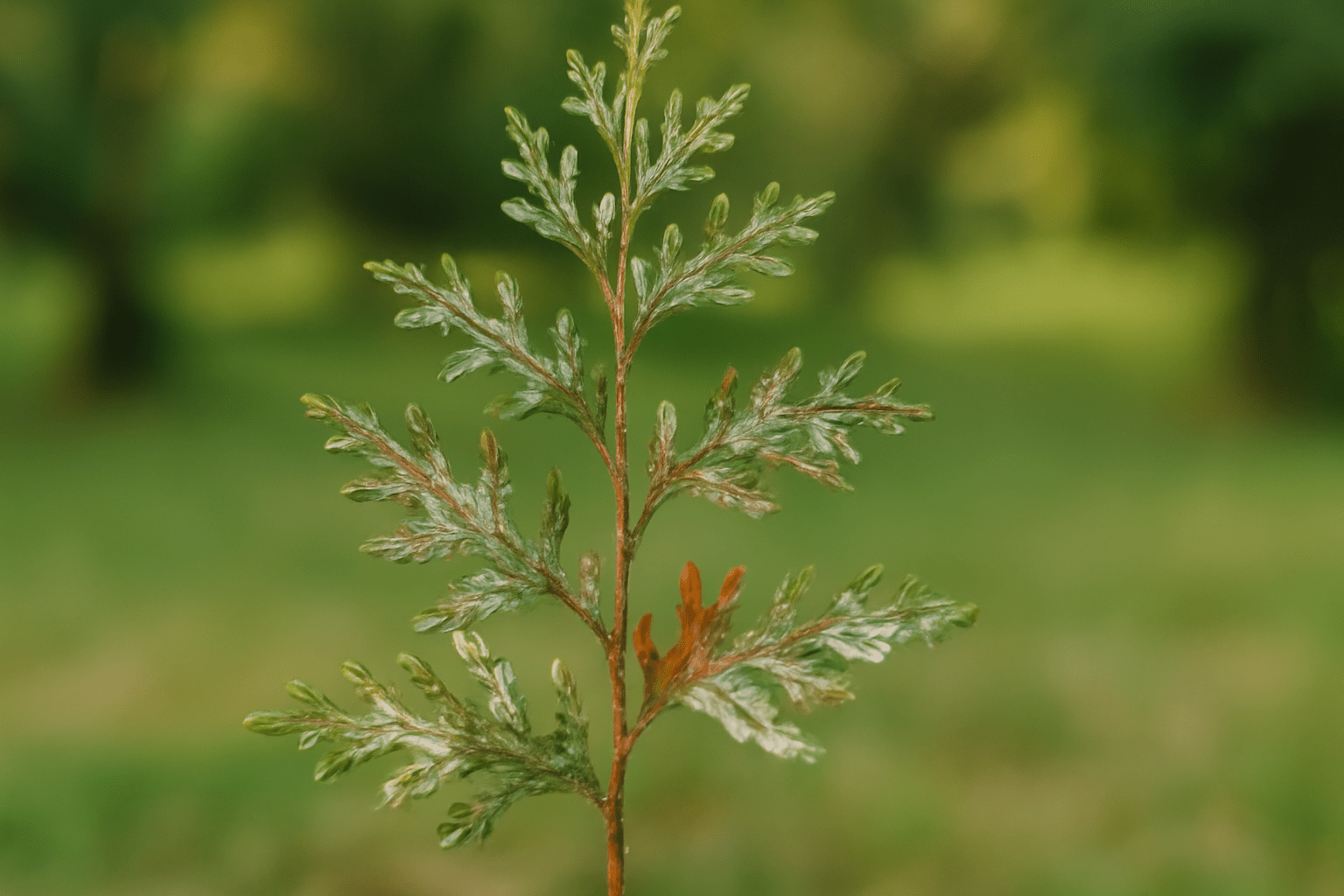 Close-up of a delicate green fern-like sprig with hints of orange, set against a softly blurred, lush green background, evokes a serene, natural vibe.