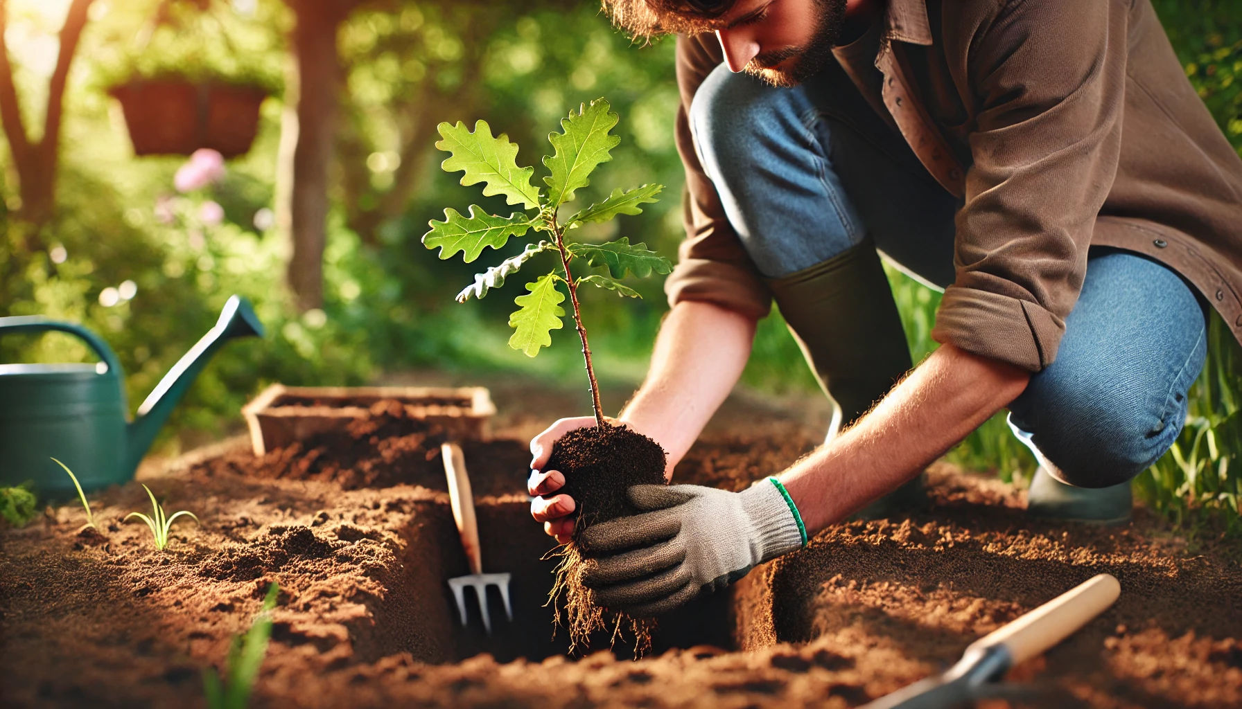A person plants a young oak tree in rich soil, surrounded by green foliage, with a watering can and gardening tools nearby.