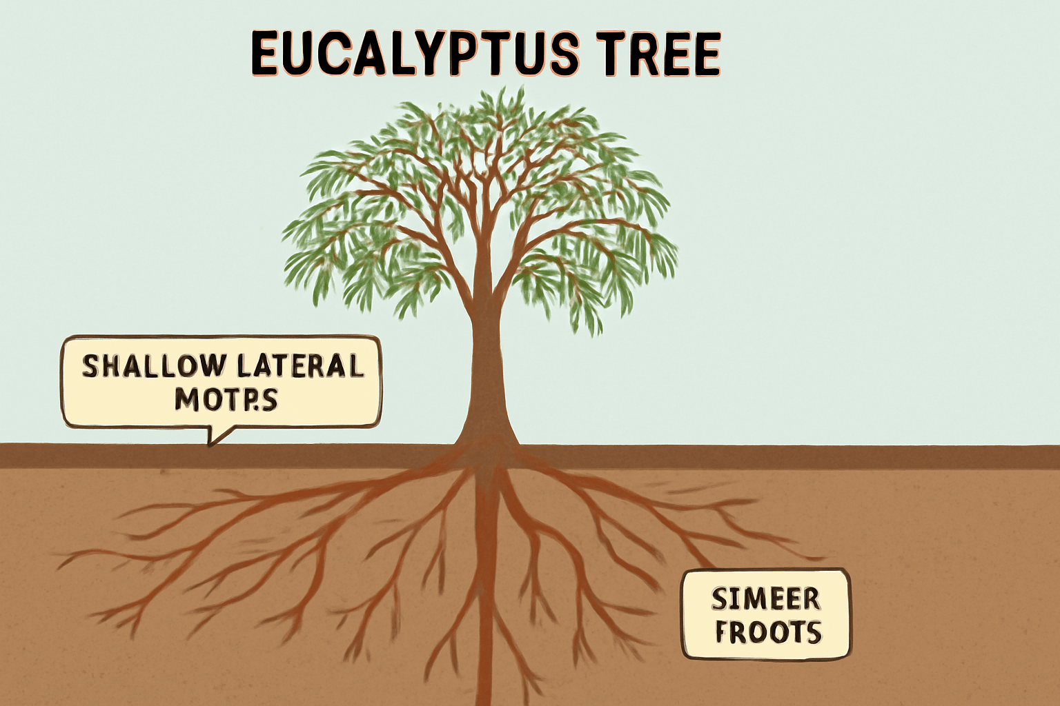 Illustration of an eucalyptus tree showing its shallow lateral roots and "simeer froots" underground with labeled sections.