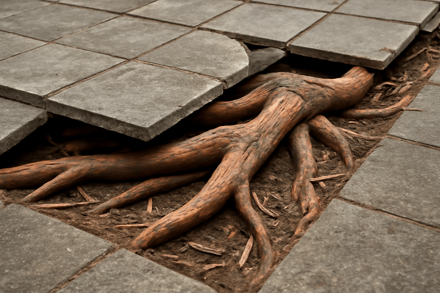 A thick, brown tree root emerges from beneath cracked gray paving stones, disrupting the pavement's surface.
