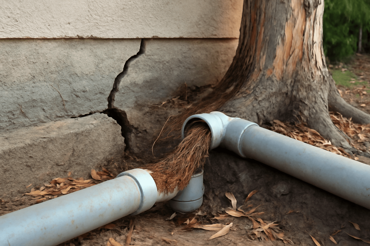 Roots intertwined with plumbing near a cracked foundation, highlighting damage from tree growth and potential structural issues.