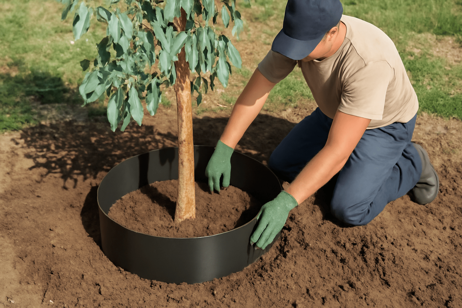 A man kneels beside a black planter, planting a tree with a focused expression, engaged in nurturing the environment. 