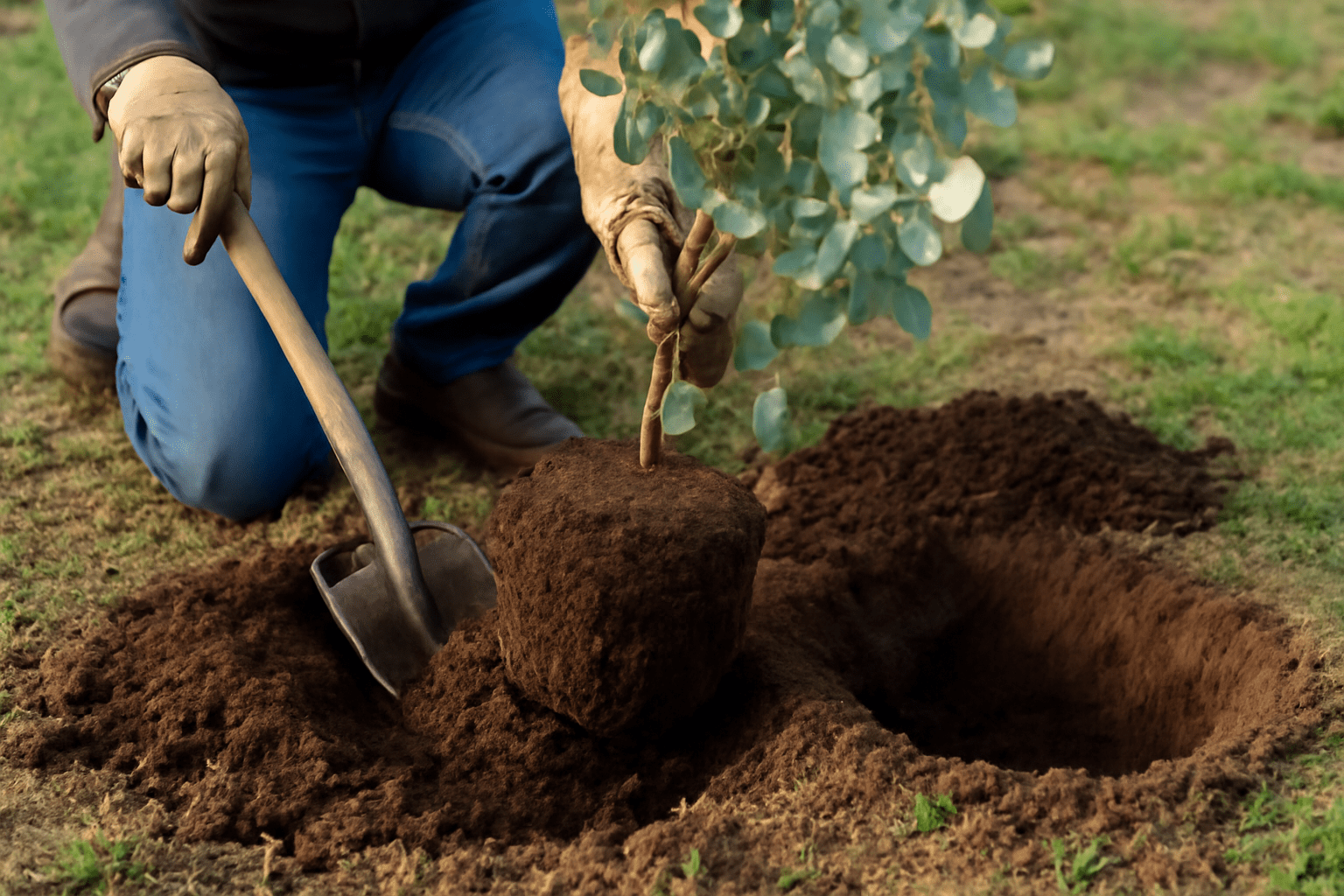 A man kneels in soil, planting a young tree sapling into the ground with care and attention.
