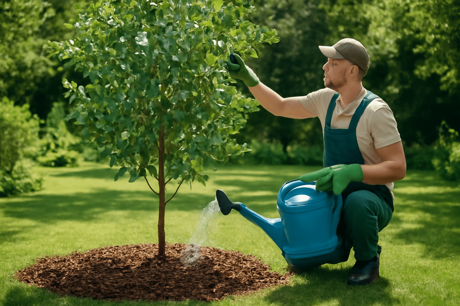 A man using a watering can to water a young tree in a garden setting.