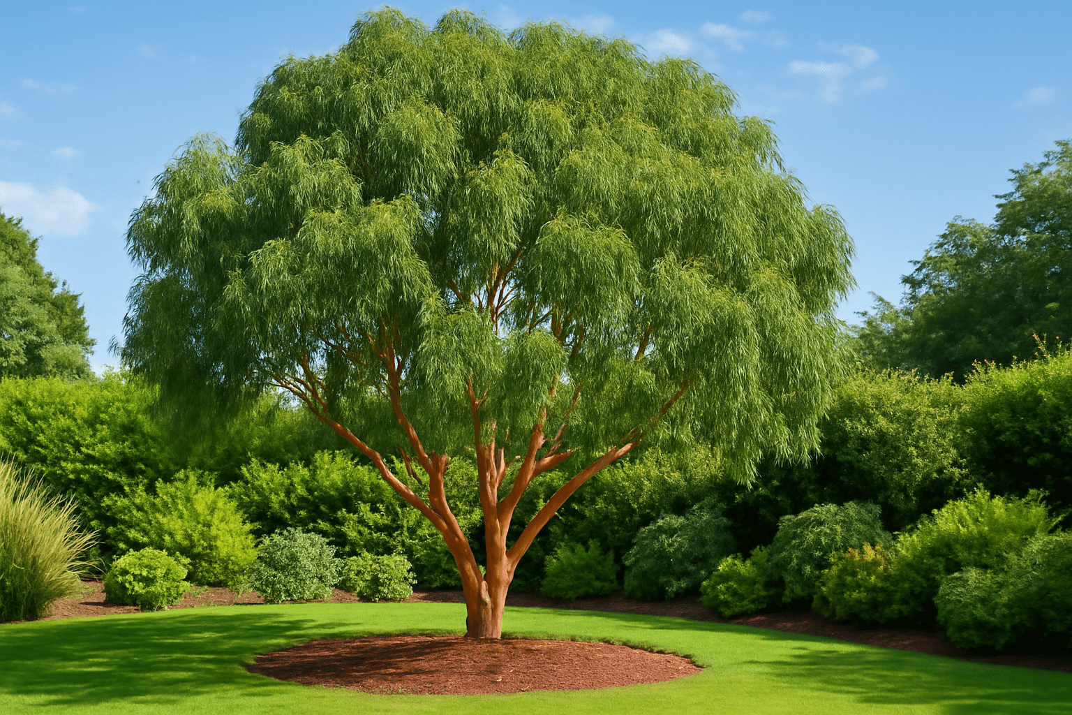 A grand tree rises in a lush garden, framed by abundant greenery and a variety of blooming plants.