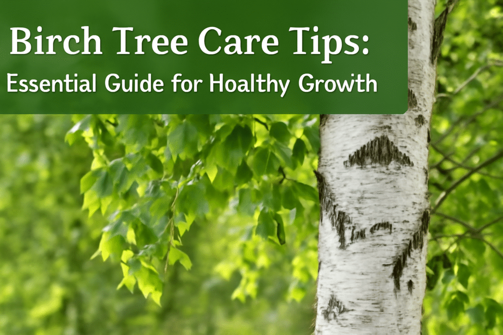 A close-up of birch tree bark and green leaves, with text overlay: "Birch Tree Care Tips: Essential Guide for Healthy Growth."