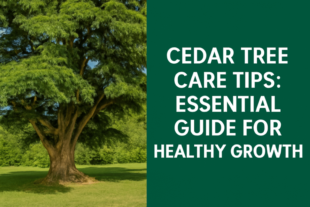 A lush cedar tree stands prominently, with a text overlay about essential care tips for healthy growth.