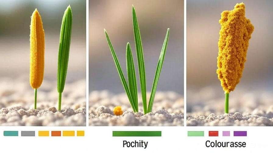 Close-up image of three unique, colorful plant structures emerging from sandy ground. Each plant has different textures and colors, labeled "Pochity" and "Colourasse."