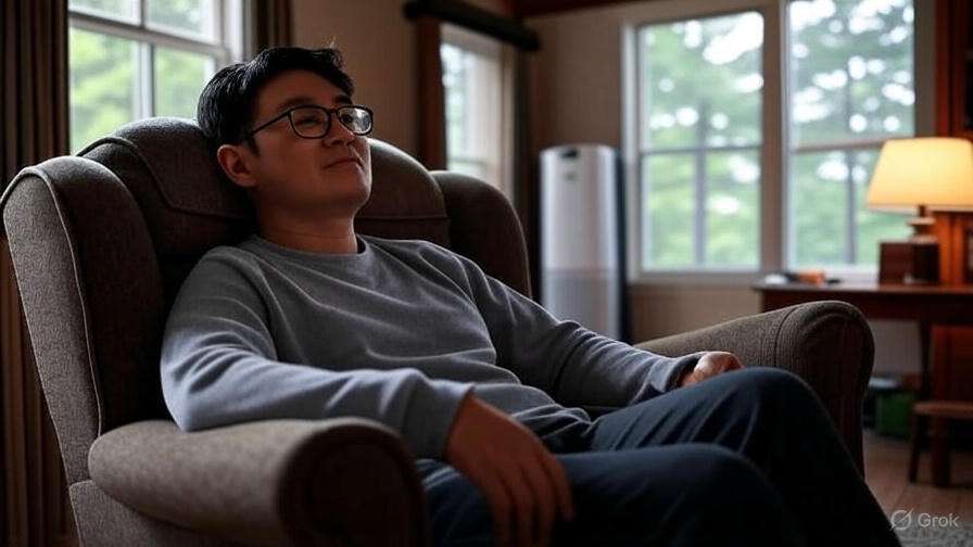 A person sits relaxed in a comfortable armchair in a cozy, warmly-lit room. Large windows reveal a serene outdoor view, enhancing the tranquil ambiance.
