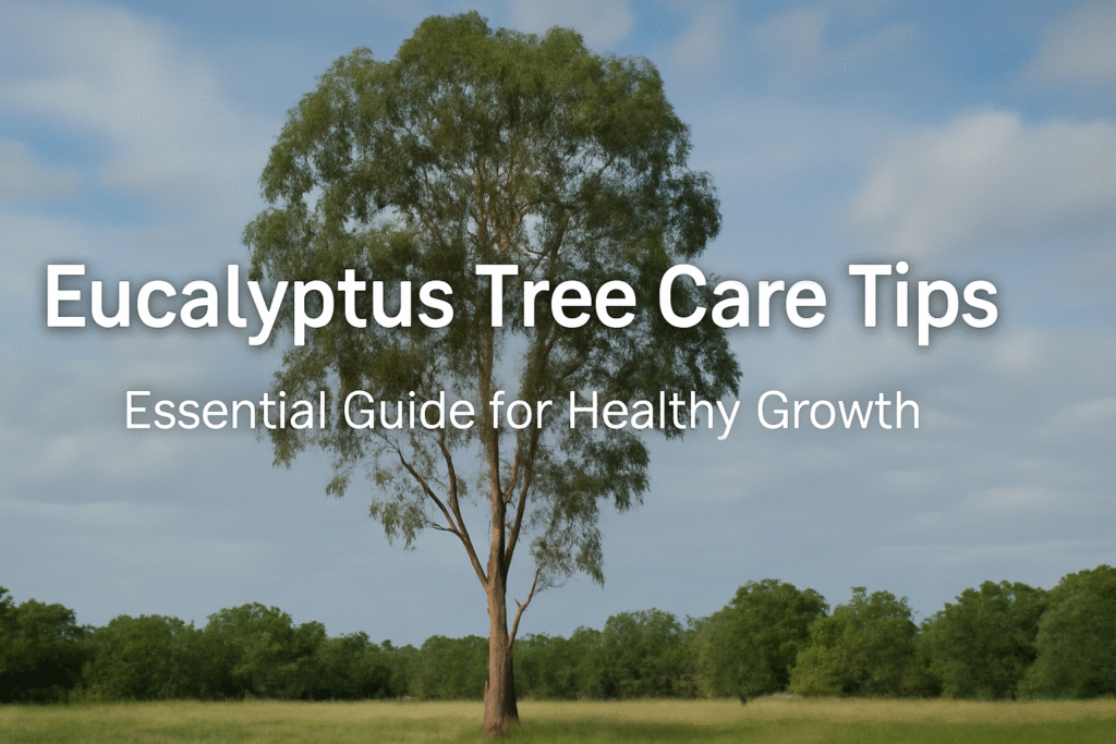 A tall eucalyptus tree stands in a green field, with text overlay detailing care tips for healthy growth.
