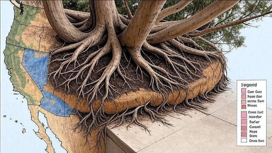 An artistic illustration of a tree with sprawling roots, overlaying a map of the southwestern United States, highlighting geological features.