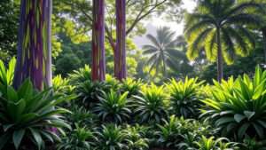 Lush tropical landscape featuring vibrant striped trees and dense green foliage, illuminated by soft sunlight filtering through the leaves.