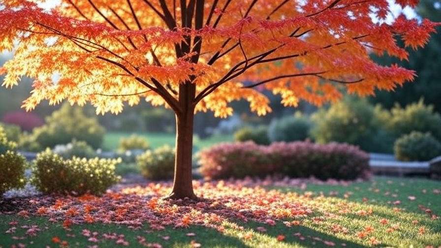 A vibrant orange maple tree illuminates a sunny park, surrounded by colorful fallen leaves and lush greenery.