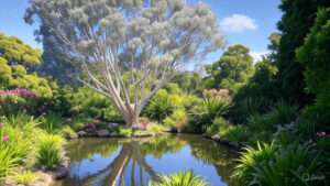 A tranquil garden scene featuring a large white tree reflecting in a pond, surrounded by lush greenery and colorful flowers.