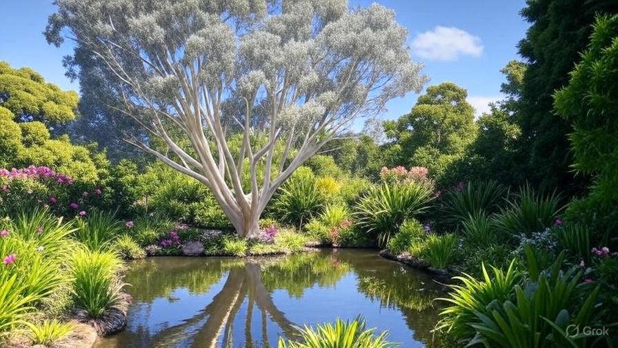 A tranquil garden scene featuring a large white tree reflecting in a pond, surrounded by lush greenery and colorful flowers.