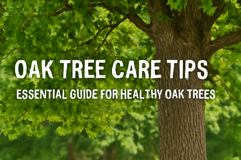 A healthy oak tree with vibrant green leaves and a sturdy trunk, overlaid with text about essential oak tree care tips.