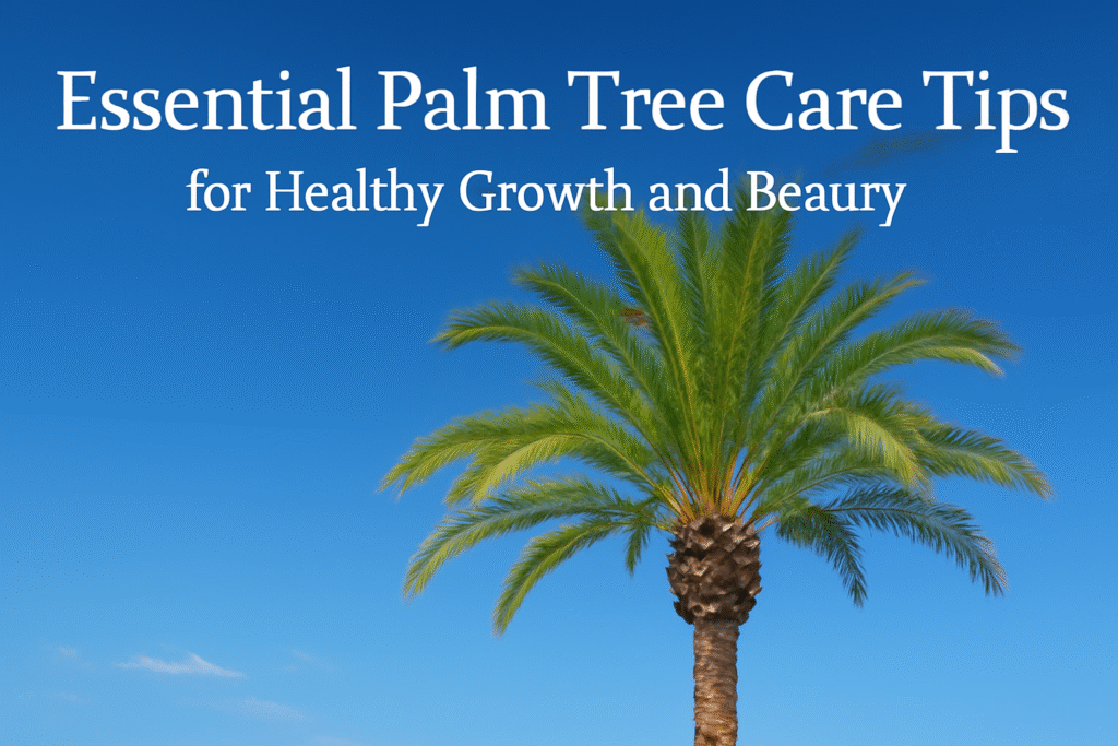 A vibrant palm tree with lush green fronds against a clear blue sky, accompanied by text about essential palm tree care tips.