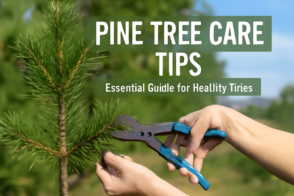 Two hands use pruning shears to care for a young pine tree, accompanied by text highlighting pine tree care tips for healthy trees.