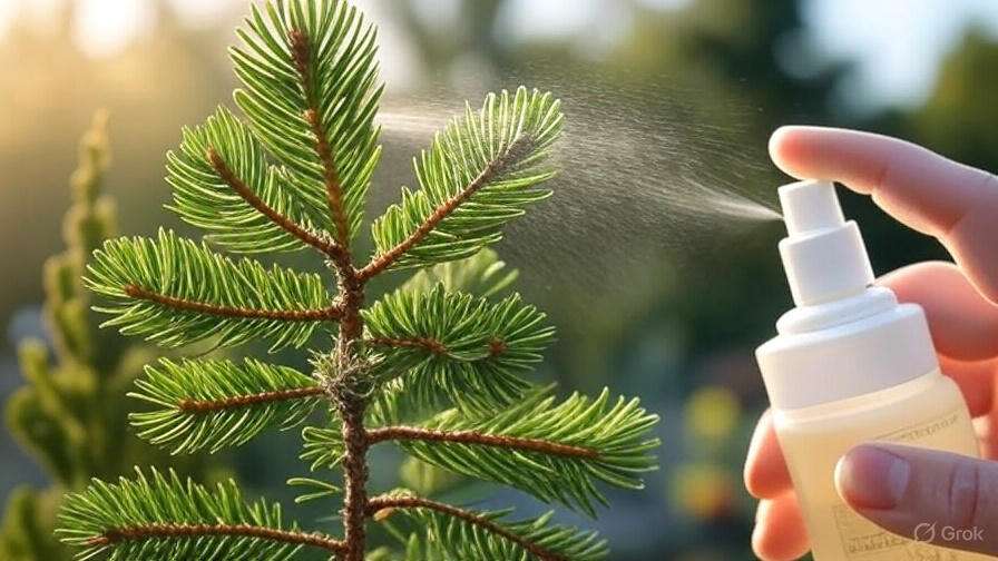 A hand sprays mist from a bottle onto the lush green branches of a pine tree, highlighting natural beauty and care.