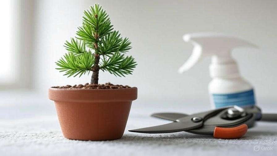 A small pine sapling in a terracotta pot, accompanied by gardening shears and a spray bottle, on a light-colored surface.