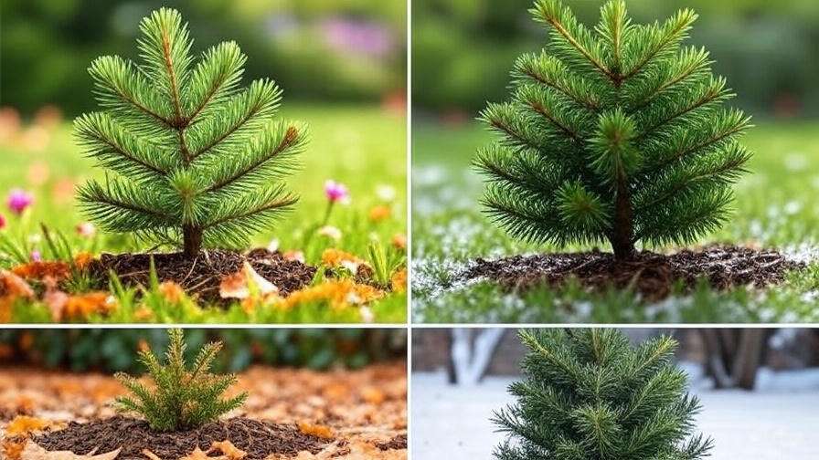 Four seasonal views of a small pine tree, showcasing its growth through autumn leaves, a lush spring, summer greenery, and winter snow.