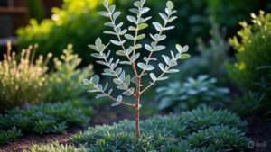 A small tree with vibrant green leaves stands in a well-maintained garden.