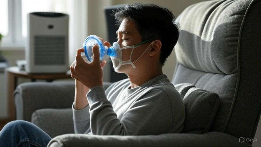 A person sitting in a gray armchair holds a blue water bottle, with a modern air purifier in the background, bathed in soft natural light.