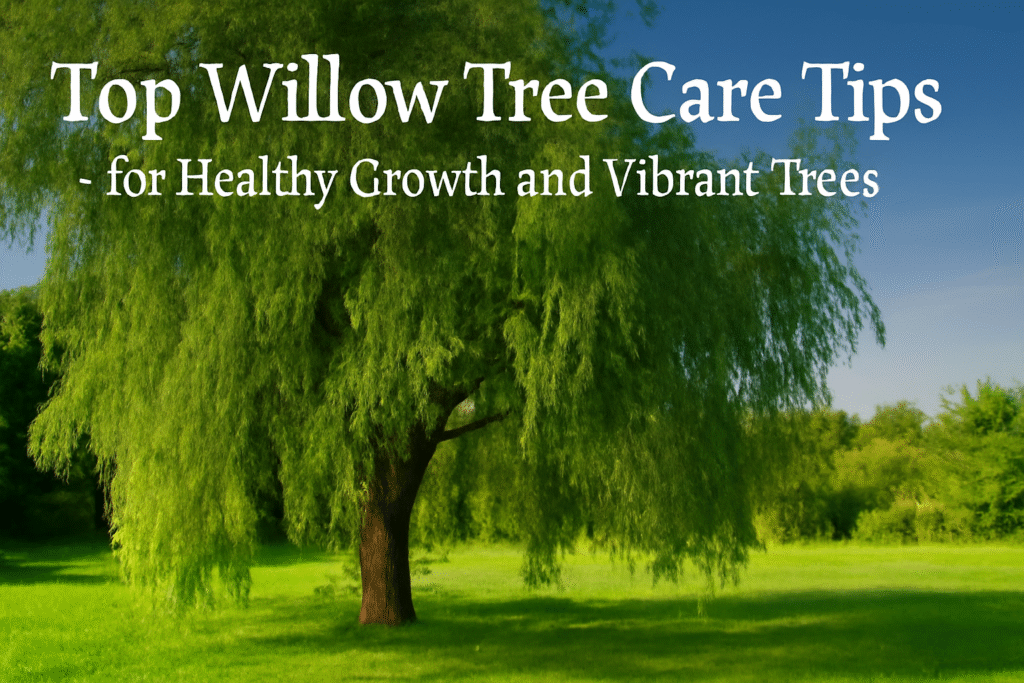 A lush willow tree stands in a green field under a blue sky, with text overlay about tips for its healthy growth and care.