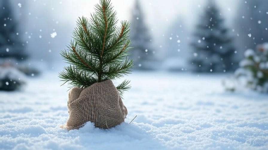 A small evergreen tree, wrapped in burlap, stands in a snowy landscape with gentle snowfall and blurred coniferous trees in the background.