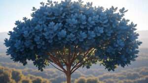 A vibrant tree with lush, blue foliage and a sturdy brown trunk, set against a softly blurred natural landscape.
