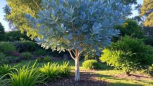 A cider gum eucalyptus tree​ stands prominently in a lush garden, surrounded by vibrant green plants and colorful flowers.