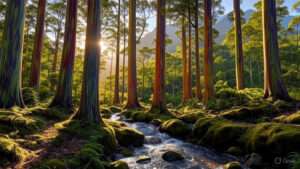 The sun beams through the branches of trees in a lush forest, casting gentle light and shadows on the forest floor.