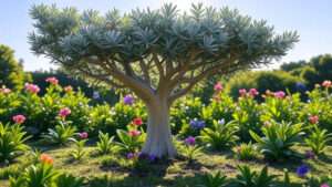 A vibrant tree with blossoms in the front, complemented by a green plant behind it.