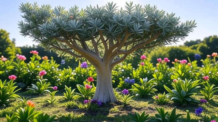 A vibrant tree with blossoms in the front, complemented by a green plant behind it.