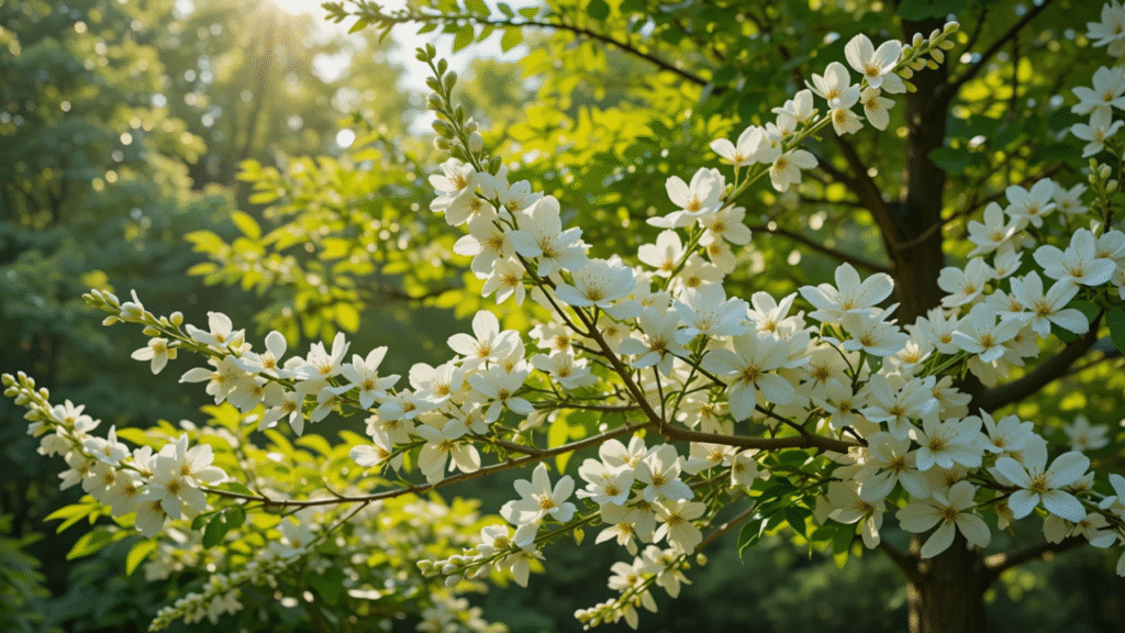 "Fragrant ash tree in full bloom, surrounded by green foliage and sunlight, showcasing its beauty and aromatic fragrance in a serene garden setting."