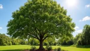 A large tree stands in a vibrant green field under bright sunlight, creating a serene and picturesque landscape.