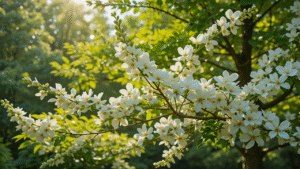 "Fragrant ash tree in full bloom, surrounded by green foliage and sunlight, showcasing its beauty and aromatic fragrance in a serene garden setting."