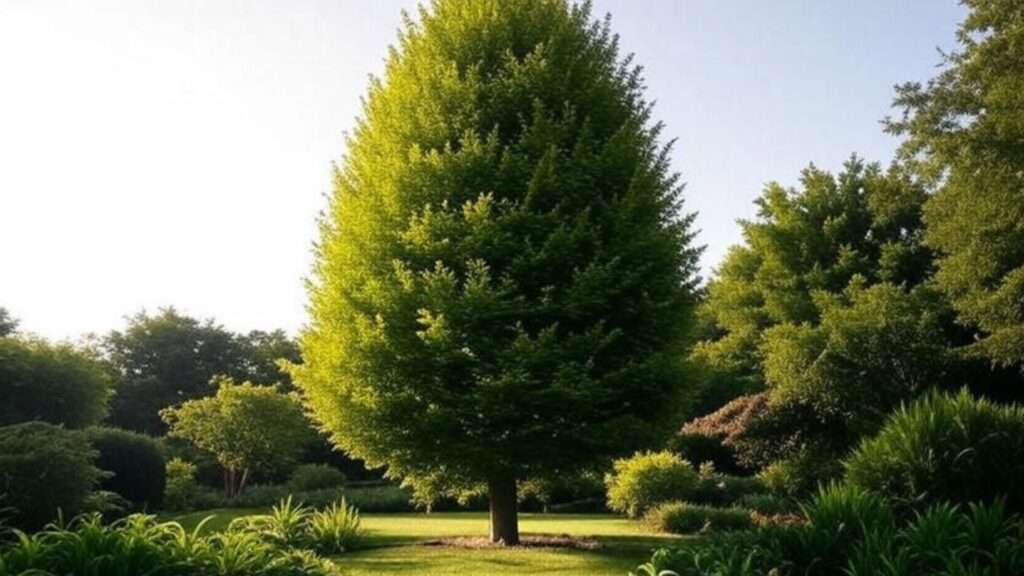 A lush, vibrant green tree stands centered in a serene park, surrounded by manicured grass and various shrubs, under a clear blue sky.