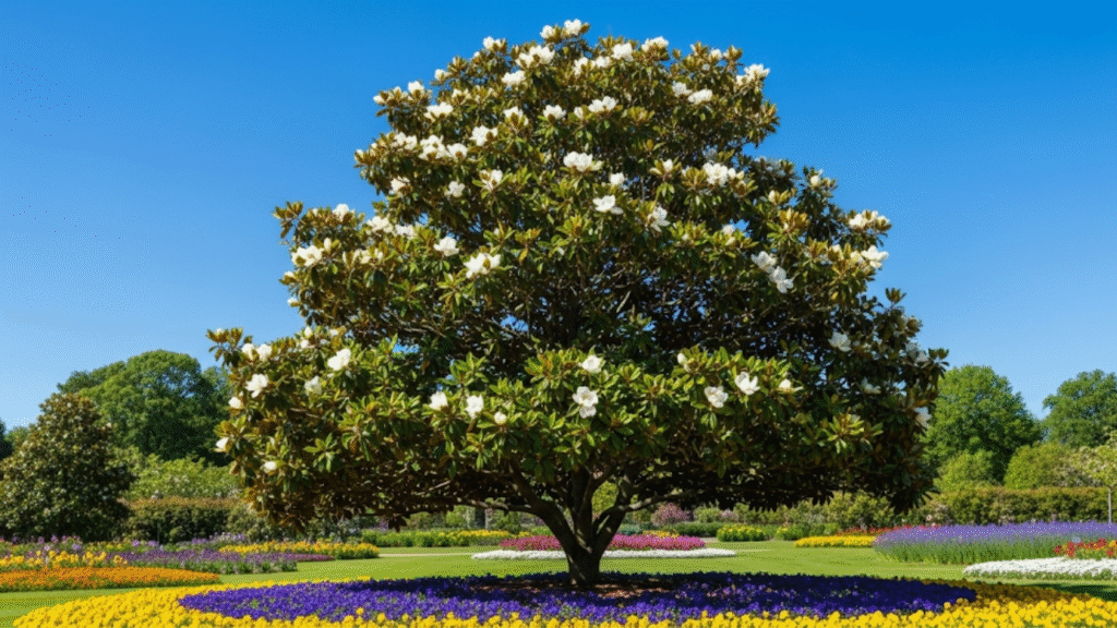 "Healthy magnolia tree with glossy green leaves and vibrant blooms in a sunny garden."