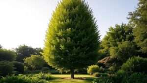 A lush, vibrant green tree stands centered in a serene park, surrounded by manicured grass and various shrubs, under a clear blue sky.