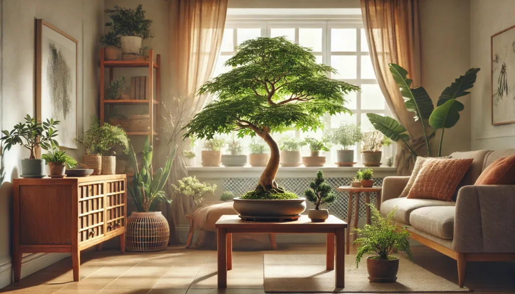 Cozy living room filled with various potted plants, featuring a prominent bonsai tree on a wooden table beside a sofa.