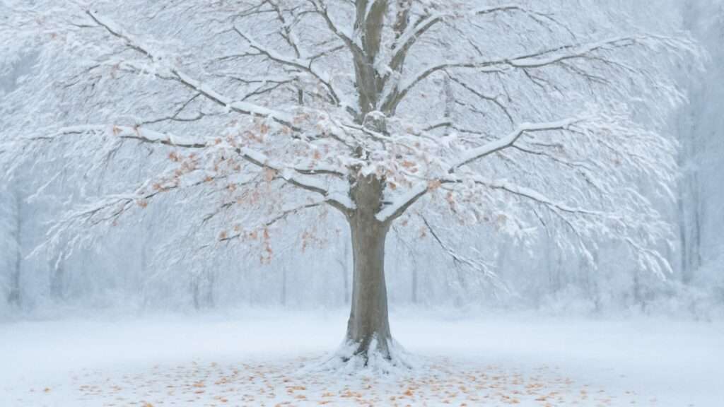 A solitary tree stands in a snowy landscape, its branches dusted with snow and sparse yellow leaves. The scene is serene and tranquil, exuding a calm winter ambiance.