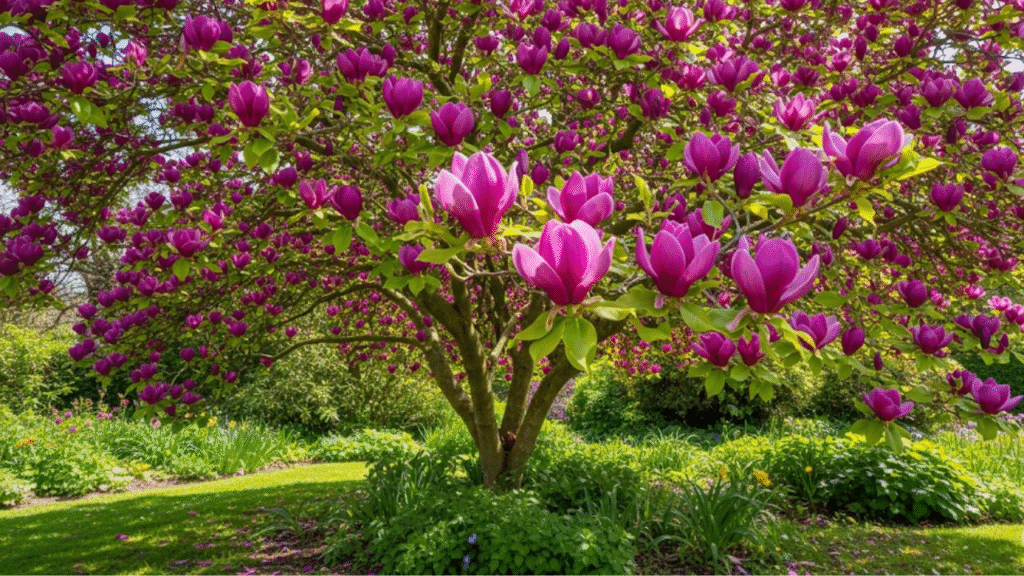 "Black tulip magnolia tree with dark purple blooms and glossy green leaves in full bloom in a sunny garden."