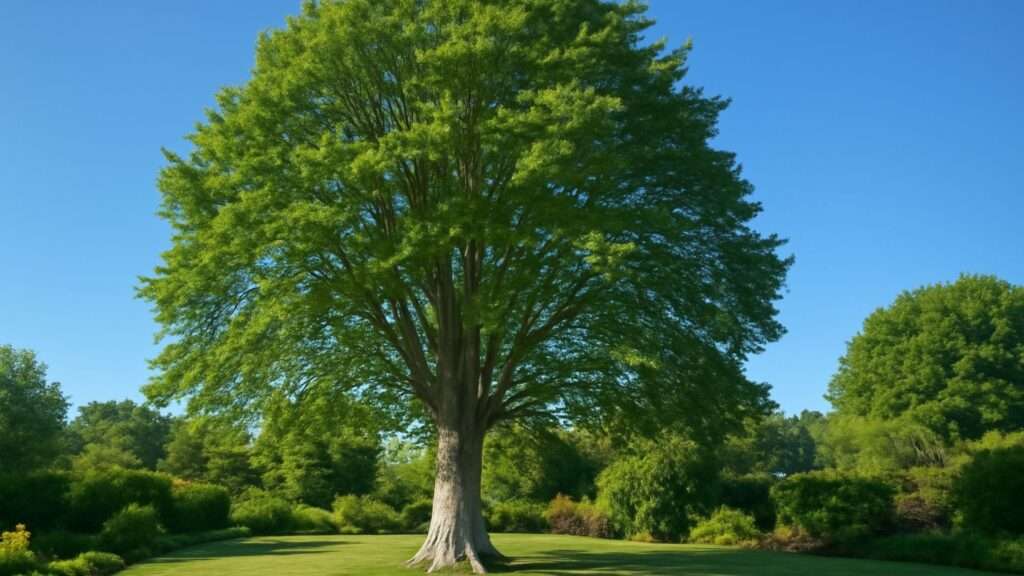 A large, lush green tree stands prominently in the center of a sunlit park. The clear blue sky and surrounding greenery create a serene and peaceful atmosphere.