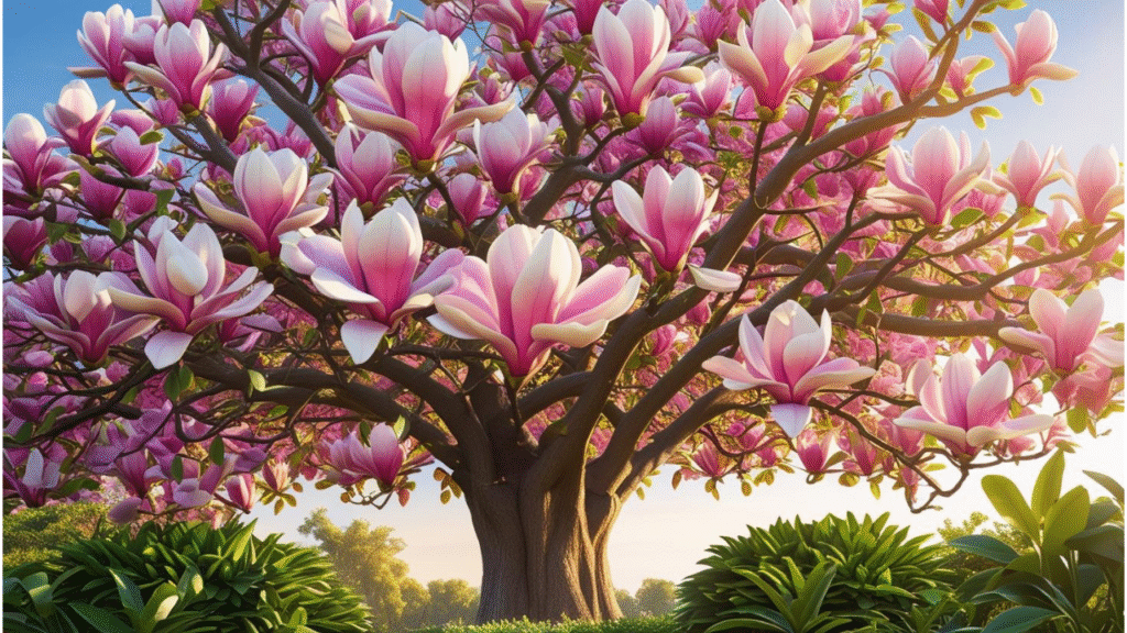"Healthy magnolia tree in bloom with vibrant flowers in a garden"