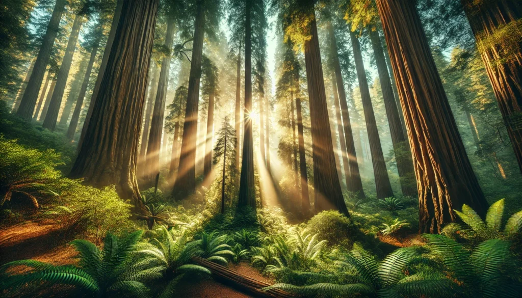 Sunlight streams through towering redwoods, illuminating lush ferns and creating a tranquil, mystical forest atmosphere.