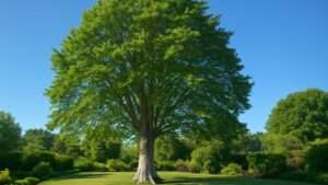 A large, lush green tree stands prominently in the center of a sunlit park. The clear blue sky and surrounding greenery create a serene and peaceful atmosphere.